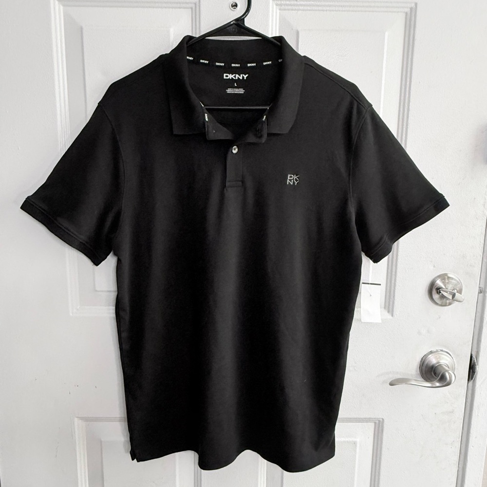 DKNY Black Polo Shirt | Classic Minimal Logo | Sz L